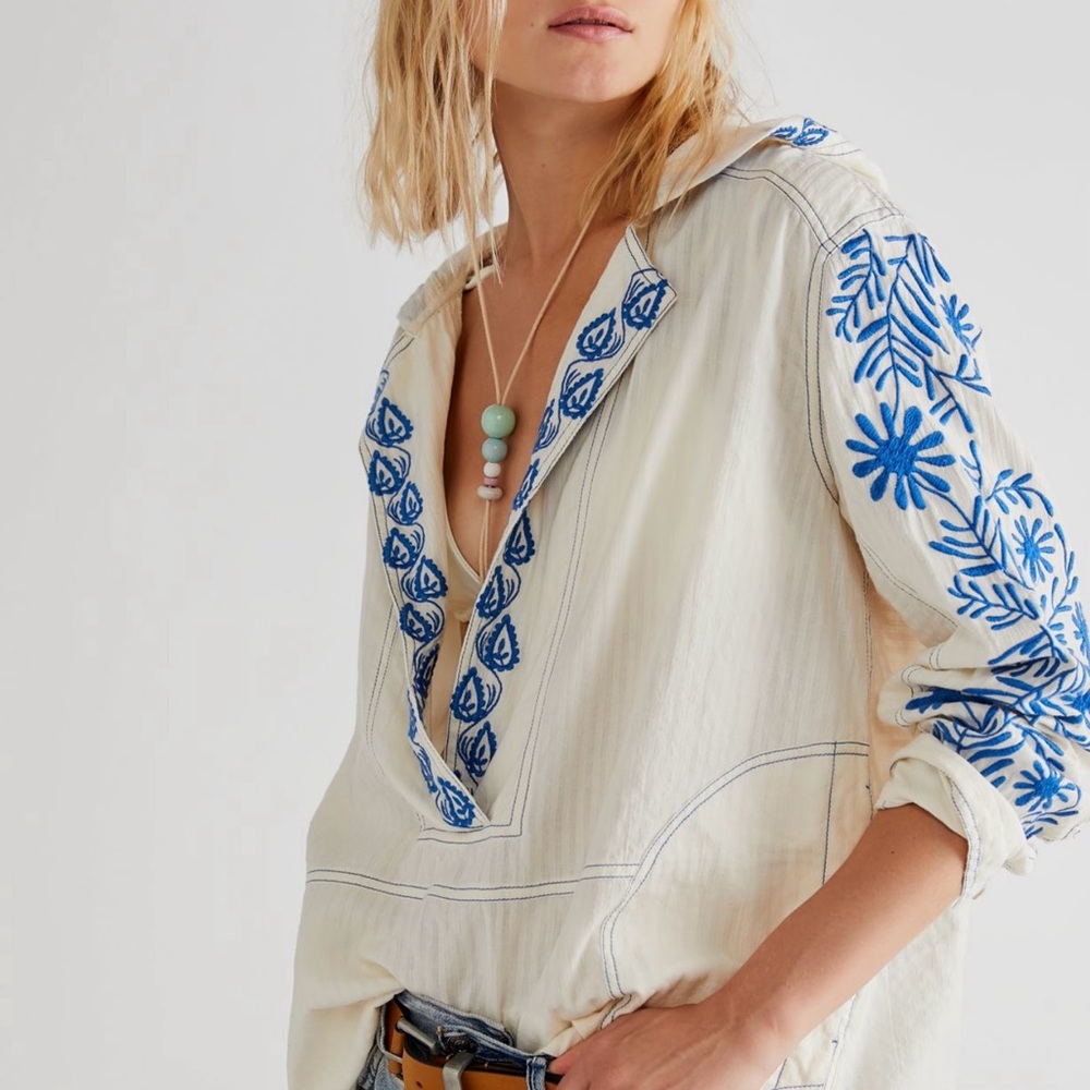 We The Free Cream Blouse with Blue Embroidery
